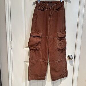 Y2K Brown Baggy Cargo Pants Womens 00R Wide Leg Utility Contrast Stitch